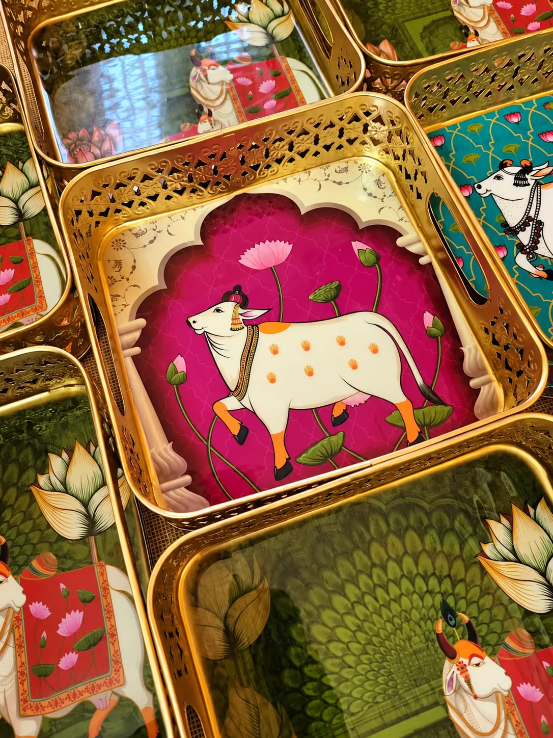 Pichwai Lotus Cow Square Basket – Gold Finish